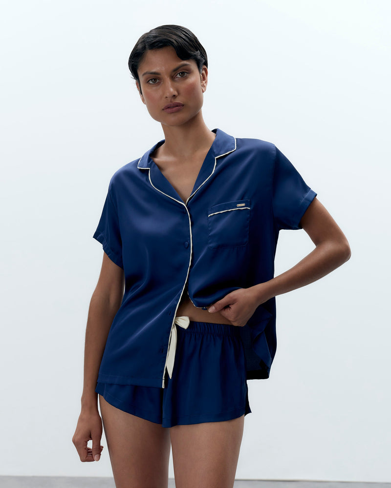 Abigail Luxury Satin Short Set Navy Blue/Cream