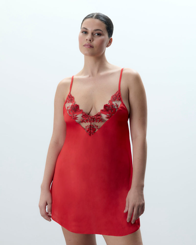 Lavanya Satin Embroidered Chemise Red